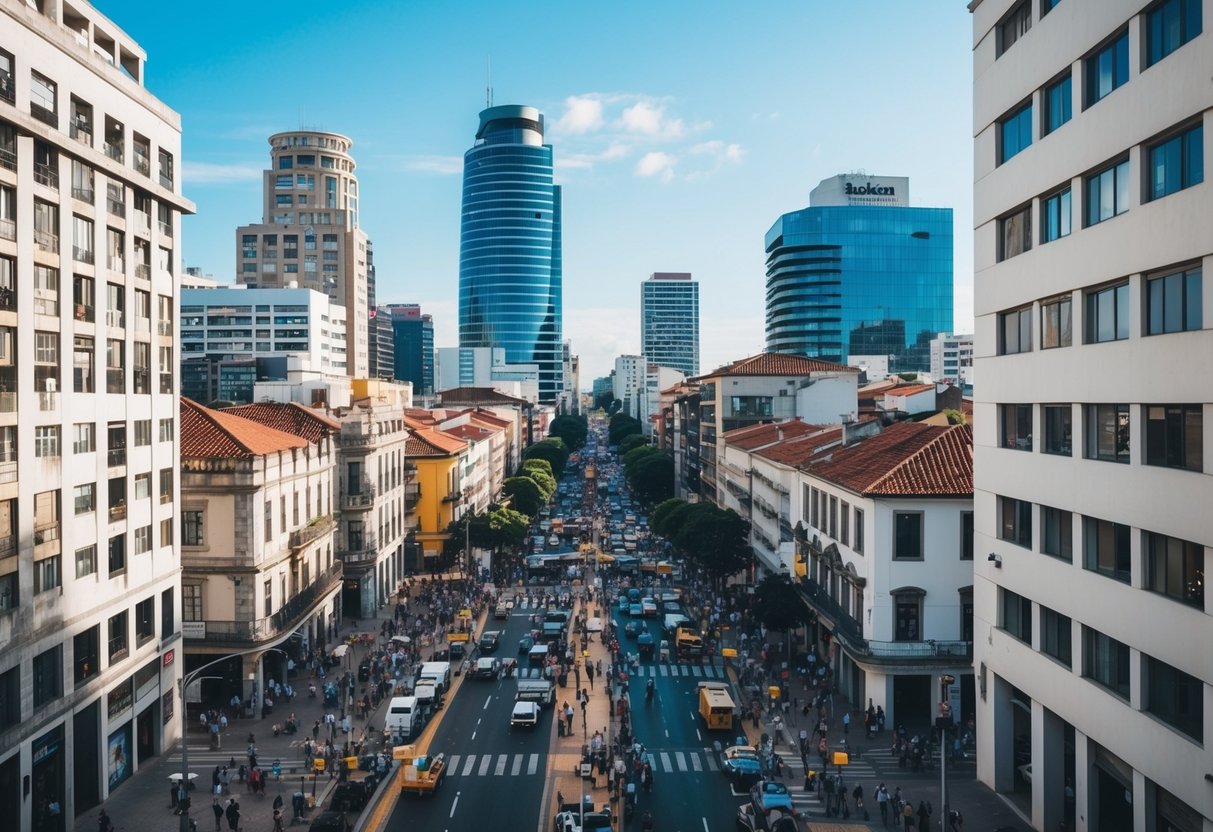 Uma paisagem urbana movimentada de Curitiba, com prédios altos, ruas movimentadas e pessoas levando suas vidas diárias, cercada por uma mistura de arquitetura moderna e tradicional.